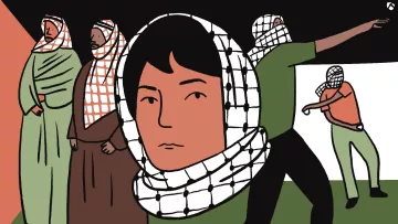 L'immagine mostra un gruppo di figure illustrati in uno stile grafico semplice e stilizzato. Al centro, c'è un volto di un giovane, con un copricapo che ricorda un keffiyeh. Intorno a lui, ci sono altre persone che indossano anch'essi keffiyeh e abiti tradizionali. Una figura è in movimento, apparentemente lanciando qualcosa, mentre le altre sembrano in piedi, con un'espressione seria. Lo sfondo è diviso in vari colori, creando un contrasto visivo tra le diverse aree dell'immagine. L'insieme comunica un senso di identità culturale e di impegno politico.