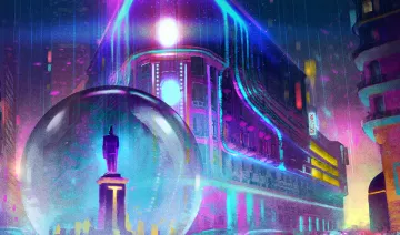 L'image montre une scène urbaine futuriste et nocturne, où un bâtiment imposant est illuminé par des lumières vives et colorées. Au premier plan, une boule de verre renferme une statue, créant une atmosphère mystérieuse et fantastique. Des éclaboussures de pluie et un éclairage néon ajoutent une ambiance dynamique à l'ensemble, évoquant une ville vibrante, pleine de vie et de technologie.