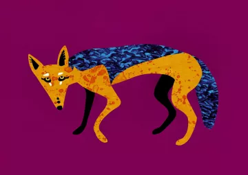 L'image représente une illustration stylisée d'un renard. Le corps du renard est composé de couleurs vives, principalement un mélange d'orange et de bleu, avec des motifs et textures qui ajoutent du caractère à l'animal. La tête du renard est tournée légèrement sur le côté, avec des yeux expressifs qui attirent l'attention. L'arrière-plan est d'une couleur violette unie, ce qui met en valeur le renard et ses couleurs vives. L'ensemble donne une impression moderne et artistique.
