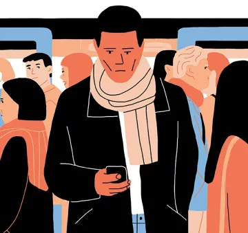L'image montre une scène animée d'un métro ou d'un train, remplie de passagers. Au premier plan, un homme se tient debout, absorbé par son téléphone, portant un manteau noir et une écharpe claire. Autour de lui, plusieurs personnes sont visibles, certaines regardant dans sa direction, d'autres engagées dans leurs propres activités. Les personnages sont stylisés avec des traits simples et des couleurs vives, créant une atmosphère moderne et dynamique. L'ensemble de la scène évoque une ambiance urbaine et quotidienne.