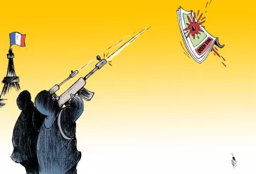 L'image représente des silhouettes de personnes armées pointant leurs fusils vers un billet de banque qui s'envole, décoré d'un symbole de danger. En arrière-plan, on peut voir la silhouette de la Tour Eiffel et un drapeau français, suggérant un contexte lié à la France. L'ensemble de l'image est dominé par des couleurs vives, avec un fond jaune qui attire l'attention. Cette illustration semble aborder des thèmes de violence, de monnaie et peut-être de critique sociale ou politique.