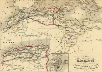 L'image présente une carte ancienne de la région du Maghreb, centrée sur l'Algérie, le Maroc et la Tunisie. On y observe des contours colorés, probablement pour délimiter différents territoires. La partie supérieure de la carte montre l'État d'Alger, tandis qu'un encart en bas à gauche fournit une vue plus détaillée d'une autre région, indiquée par des lignes rouges. Les noms géographiques et les caractéristiques du relief sont également présents, signalant des montagnes et des déserts. Cette carte illustre un moment historique et géographique de la région.