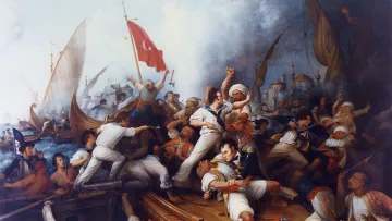 L'image représente une scène de bataille navale dynamique et dramatique. On y voit de nombreux personnages en plein combat sur des bateaux, avec des voiles déployées et des drapeaux brandis. Certains marins sont engagés dans des combats rapprochés, tandis que d'autres semblent prendre les commandes des embarcations. L'arrière-plan montre une ville fortifiée, suggérant un conflit maritime intense. La palette de couleurs est riche, avec des tons de bleu et de rouge, créant une atmosphère émotionnelle et mouvementée.