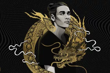 L'image montre un jeune homme avec un regard sérieux, représenté dans un style artistique moderne. Il porte un t-shirt noir et a les cheveux tirés en arrière. En arrière-plan, on voit un dragon doré stylisé qui évoque une atmosphère dynamique et mystique. Le fond est noir avec des motifs ondulés, ce qui crée un contraste saisissant avec la couleur dorée du dragon. L'ensemble de l'image dégage une impression de force et de mystère.