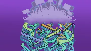 L'image présente un fond violet, sur lequel se détachent des formes colorées. On y voit des éléments graphiques rappelant des lettres en arabe, entremêlées de manière dynamique. Les couleurs vives, telles que le vert et le bleu, ajoutent de la profondeur et du mouvement. Au sommet, il y a une silhouette de personnes levant des pancartes, suggérant un aspect de protestation ou de rassemblement. L'ensemble crée une atmosphère vibrante et énergique.