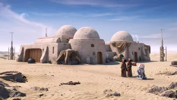 Cette image représentant un paysage désertique montre des structures aux dômes arrondis, typiques d'un style architectural inspiré par des éléments de science-fiction. On peut voir des personnages vêtus de robes longues, probablement des habitants de cet environnement, ainsi qu'un robot qui semble interagir avec eux. Le sol est couvert de sable, et on peut apercevoir des éléments du décor, comme des rochers et des équipements, créant une atmosphère intrigante et lointaine. En arrière-plan, un ciel clair avec une lune ou une planète visible ajoute à l'aspect extraterrestre de la scène.