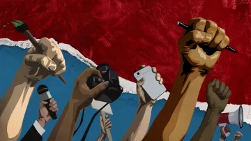 L'image montre une multitude de mains levées vers le haut, chacune tenant différents objets symboliques. On peut voir des microphones, des stylos, un appareil photo et un téléphone, soulignant un thème de protestation ou de revendication. En arrière-plan, il y a une texture de couleur rouge qui pourrait évoquer une ambiance de lutte ou de passion. Cette composition met en avant l'idée d'engagement et de voix collectives dans une lutte pour des droits ou des changements sociaux.