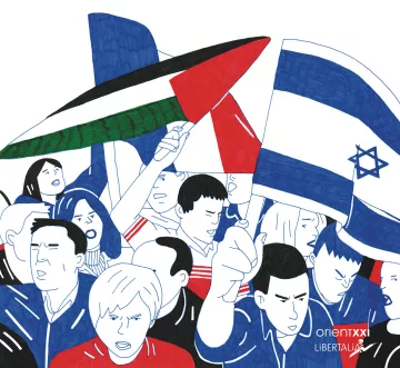 L'image illustre une scène de manifestation avec des personnes brandissant des drapeaux. On peut voir des drapeaux aux couleurs de la Palestine et d'Israël, symbolisant des tensions et des enjeux politiques. Les manifestants semblent engagés et passionnés, exprimant des émotions fortes. Le style graphique est simple et coloré, mettant en avant les visages et les gestes des participants.