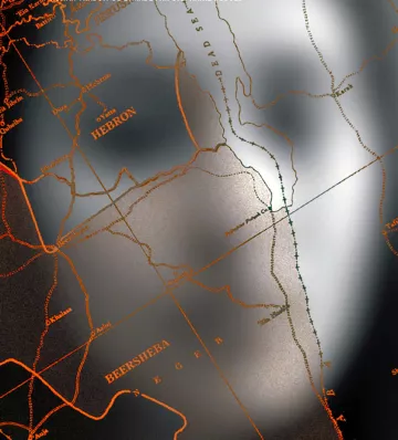 L'image semble être une carte ou un plan représentant une région géographique, probablement au Moyen-Orient en raison des noms mentionnés, comme Hébron et Beer-Sheva. Les détails sont présentés dans des tons sombres avec des lignes orange. Certaines zones semblent floues ou obscurcies, ce qui pourrait indiquer une représentation artistique ou une autre forme d'interprétation visuelle. Des routes ou des frontières peuvent également être visibles, ajoutant un aspect structurel à la carte.