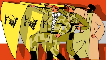 L'image présente trois figures masculines marchant côte à côte, brandissant des drapeaux jaunes avec un symbole militaire. Le premier personnage porte un keffieh et un uniforme camouflé, tandis que les autres sont vêtus d'uniformes et de vêtements traditionnels. L'arrière-plan est en rouge, ajoutant un contraste fort avec les drapeaux. Cette composition pourrait évoquer des thèmes de militantisme ou de solidarité.