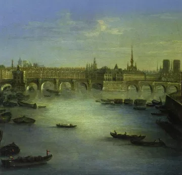 L'image représente un paysage urbain avec un large fleuve en premier plan. Plusieurs bateaux flottent sur l'eau calme. En arrière-plan, on distingue un pont majestueux qui relie les deux rives du fleuve. Les bâtiments sur chaque rive, dont certains sont ornés de clochers et de tours, évoquent une architecture historique. Le ciel est teinté de nuances de bleu et de gris, créant une atmosphère tranquille. La scène a une ambiance poétique et nostalgique, capturant un moment paisible de la vie urbaine.