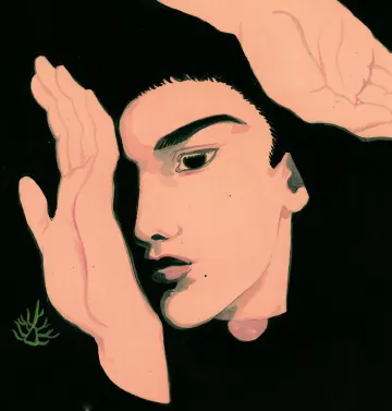 L'image représente un visage stylisé sur un fond noir. Le visage, qui semble être celui d'une personne, est dessiné avec des traits marqués, notamment des sourcils épais et des lèvres bien définies. Les mains entourent le visage, ajoutant une dynamique intéressante à la composition. La palette de couleurs est plutôt limitée, avec des teintes de rose et de blanc pour le visage, contrastant avec le noir du fond. Un petit élément vert, semblable à une plante, est visible dans le coin inférieur gauche.
