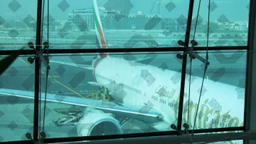 L'image montre un aéroport avec une vue à travers une grande fenêtre en verre. À l'extérieur, on peut apercevoir un avion de la compagnie Emirates, probablement un Boeing 777, stationné sur le tarmac. On distingue des travailleurs qui s'affairent autour de l'appareil, préparant son embarquement. La lumière ambiante semble assez diffuse, et il y a un léger flou qui donne une impression de profondeur. En arrière-plan, on peut voir d'autres infrastructures aéroportuaires.