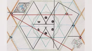 L'image présente un dessin complexe et géométrique, intégrant des formes variées comme des hexagones, des carrés et des lignes droites. On y voit un motif central organisé autour de plusieurs axes, où se croisent des lignes de différentes couleurs, notamment bleu, noir, et rouge. Des cubes et d'autres formes géométriques sont disposés à intervalle régulier, ajoutant de la profondeur et de la dimension au design. L'ensemble crée une composition harmonieuse et symétrique qui attire l'œil grâce à ses détails et son utilisation créative des couleurs et des formes.