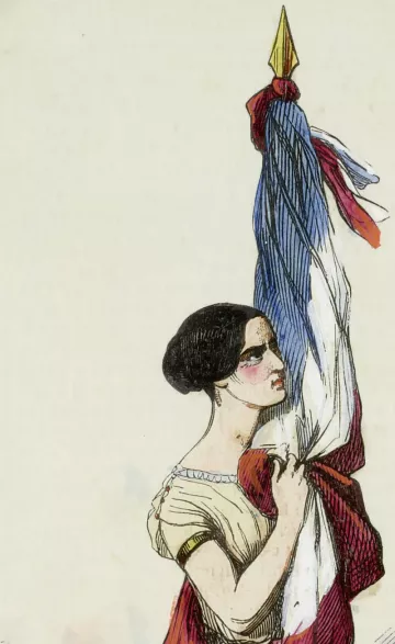 L'image représente une femme tenant une grande drapeau tricolore, aux couleurs bleu, blanc et rouge, symboles de la France. Elle se tient droite, avec une expression déterminée sur le visage. Sa tenue est simple, et ses cheveux sont tirés en arrière. La scène semble évoquer un moment de fierté patriotique ou de célébration nationale. Le style de l'illustration est vintage, suggérant une origine historique.