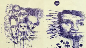 L'image présente un dessin encre, caractérisé par des portraits stylisés et des formes abstraites. À gauche, on peut voir plusieurs visages qui semblent se fondre les uns dans les autres, créant une impression de mouvement et de confusion. À droite, un visage plus distinct émerge, entouré de lignes et de formes géométriques, donnant une sensation de dynamisme. L'ensemble évoque un mélange de réalismes et d'abstractions, avec une palette de bleu profond qui apporte une atmosphère contemplative.