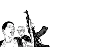 L'image montre des personnages dessinés en style graphique. L'un des personnages est en avant-plan, tenant un fusil d'assaut, tandis que l'autre se trouve à l'arrière. L'expression de leur visage semble intense, suggérant une situation de conflit ou de tension. L'arrière-plan est principalement blanc, ce qui met en avant les personnages et l'armement.