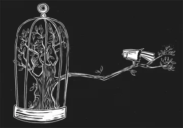 L'image représente une cage stylisée, ouverte sur le haut, dans laquelle se trouve un arbre aux feuilles bien détaillées. La cage est dessinée de manière délicate, avec des branches et des feuilles qui semblent s'épanouir à l'intérieur. À l'extérieur de la cage, il y a un oiseau posé sur une branche, qui regarde l'arbre. Le fond est noir, ce qui met en valeur les éléments blancs du dessin. Cette illustration évoque des thèmes de liberté, de nature et de contraste entre la captivité et l'évasion.