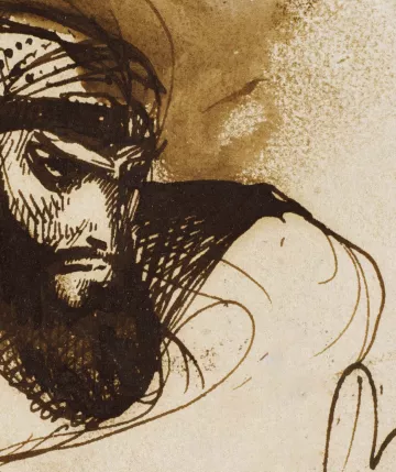 L'image présente un dessin avec un personnage au visage marqué par des traits prononcés et une barbe fournie. Il porte un turban ou un foulard autour de la tête, et son regard intense semble refléter de la détermination ou de la réflexion. Les contours sont réalisés avec des traits sombres, tandis que l'arrière-plan a des teintes de brun, créant une atmosphère dramatique. Le style rappelle des esquisses artistiques classiques, où l'émotion et l'expression sont au cœur de la représentation.