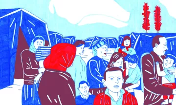 L'image représente une scène dans un camp de réfugiés. On y voit plusieurs personnes, dont des adultes et des enfants, se rassemblant autour de tentes. Les visages semblent exprimer diverses émotions, allant de l'inquiétude à la détermination. Les couleurs dominantes sont des tons bleus et rouges, ce qui donne à l'ensemble une atmosphère vibrante. En arrière-plan, on aperçoit des arbres, ajoutant un élément naturel à cette situation difficile. L'ensemble de l'illustration évoque des thèmes de solidarité et de résilience face à l'adversité.