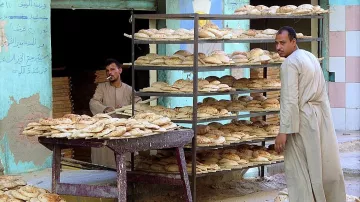 L'image montre une scène de la vie quotidienne dans une boulangerie. Il y a deux hommes : l'un est debout derrière un chariot portant des pains, tandis que l'autre semble en train d'observer ou d'interagir avec des pains empilés sur des étagères. Les pains sont de forme ronde et semblent frais, sortant tout juste du four. En arrière-plan, on aperçoit un mur avec des écritures et des graffiti, donnant une atmosphère typique d'un marché local. Le paysage autour est urbain, avec des bâtiments qui semblent usés par le temps.