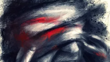 تصویر یک نقاشی انتزاعی است که در آن فردی با دست‌های خود صورتش را گرفته و به نظر می‌رسد در حال فریاد زدن یا ابراز احساساتی شدید است. رنگ‌ها عمدتاً تیره هستند و با رنگ‌های قرمز و خاکستری ترکیب شده‌اند. به کارگیری رنگ‌ها و براش‌های نرم، حس تنش و ناامیدی را به خوبی منتقل می‌کند. این اثر حس قدرتمندی از احساسات درونی را به تصویر می‌کشد.
