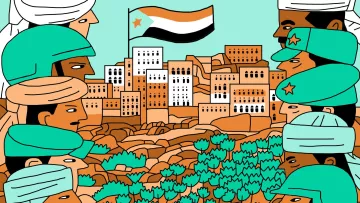 این تصویر نمایی انتزاعی از وضعیت نظامی یا سیاسی در یک منطقه کوهستانی را نشان می‌دهد. در پس‌زمینه، خانه‌هایی با معماری سنتی در کنار یک کوه قرار دارند و پرچم یمن که دارای نوارهای سیاه، سفید و نارنجی است در بالای آسمان به اهتزاز درآمده است. در جلو، شخصیت‌های انسانی با پوشش‌های نظامی و سرپوش‌های مختلف قرار دارند که به نظر می‌رسد در حال تبادل نظر یا بحث در مورد موضوعی مهم هستند. رنگ‌ها در تصویر شاد و متنوع هستند، با استفاده از سبز، قهوه‌ای و رنگ‌های گرم.