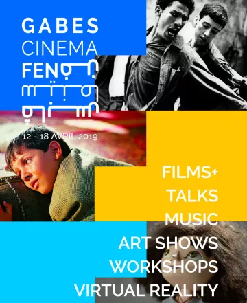 L'image présente une affiche pour un événement de cinéma à Gabès, mettant en avant le mot "CINEMA" en lettres blanches sur un fond coloré. On y voit également des images de films, avec des visages d'acteurs et des scènes emblématiques. Le texte en bas mentionne des activités telles que des films, des discussions, de la musique, des expositions d'art, des ateliers et de la réalité virtuelle, le tout se déroulant du 12 au 18 avril 2019. Les couleurs vives et le design dynamique attirent l'attention sur cet événement culturel.