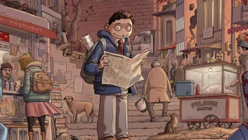 L'image illustre une scène animée d'une rue vivante et colorée. On y voit un jeune garçon au sourire enthousiaste, tenant un journal. Il se tient devant un groupe de personnes qui se déplacent dans une rue pavée. Divers éléments attirent l'attention : des bâtiments aux architectures variées, des vendeurs ambulants proposant des mets, des passants, un chien errant et un chat observant la scène. L'atmosphère générale semble joyeuse et dynamique, reflétant la vie urbaine.