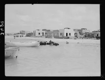 L'image montre une scène maritime où plusieurs bateaux, probablement des barques, sont amarrés au bord d'une eau peu profonde. En arrière-plan, on peut apercevoir des bâtiments en ruines, suggérant une ancienne architecture. À proximité, un homme semble se trouver dans l'eau, tandis qu'un autre est à cheval ou monté sur un animal aquatique. Le ciel est nuageux, apportant une lumière diffuse à l'ensemble de la scène. L'atmosphère semble tranquille et un peu nostalgique, évoquant un passé révolu.