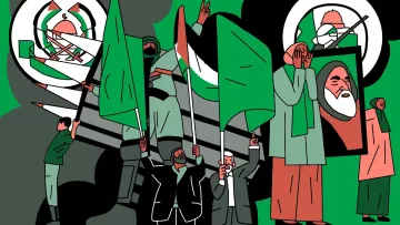 L'image présente une scène illustrée avec plusieurs personnages tenant des drapeaux verts. On peut voir des figures habillées de manière variée, certaines portant des masques, qui semblent exprimer un certain enthousiasme ou une détermination. En arrière-plan, il y a des symboles militaires et une représentation de figures importantes. Les couleurs dominantes sont le vert et le noir, créant une atmosphère dynamique et engagée.