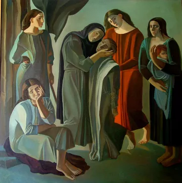 Cette image représente un groupe de femmes dans une scène émotive. Elles sont disposées de manière à créer une dynamique forte. Au centre, une femme en deuil semble consoler une autre, tandis qu'une troisième femme, habillée de rouge, observe la scène avec compassion. D'autres figures, dont une tient un enfant, ajoutent à l'atmosphère de tristesse et de solidarité. Les couleurs sont plutôt sombres et les expressions des visages transmettent des sentiments profonds de chagrin et de réconfort. L'ensemble dégage une forte impression de soutien émotionnel dans un moment difficile.