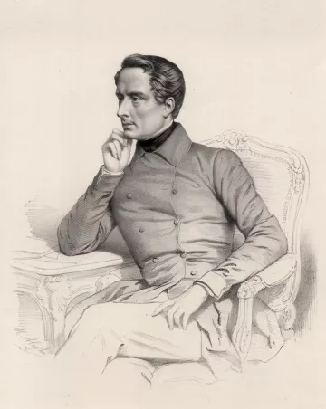 The image features a seated man in a contemplative pose. He has a thoughtful expression, resting his chin on his hand. The man is dressed in a buttoned coat and appears to be in a relaxed yet poised position on an ornate chair. The illustration has a classic, formal style, indicating a historical context. The background is simple, focusing the attention on the figure.