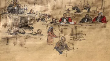 L'image représente une scène de tribunal, dessinée à la main. On y voit un avocat debout, apparemment en train de plaider, tandis qu'une témoin est également présente au milieu de la salle. Les juges, en robes, sont assis à leurs postes, écoutant attentivement. L'atmosphère semble formelle et sérieuse, typique des audiences judiciaires. Les détails sont esquissés de manière artistique, mettant en valeur l'interaction entre les différents acteurs du procès.