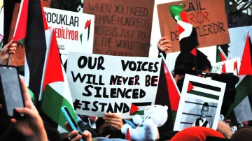 L'immagine mostra una folla di persone impegnate in una manifestazione. La maggior parte dei manifestanti tiene in mano cartelli con diverse scritte e bandiere, molte delle quali sembrano rappresentare il Palestinese. Tra i cartelli, uno evidenzia il messaggio "Our voices will never be silenced," che esprime determinazione e unità. Atmosfera di protesta e attivismo è palpabile, con la presenza di simboli politici e sociali.