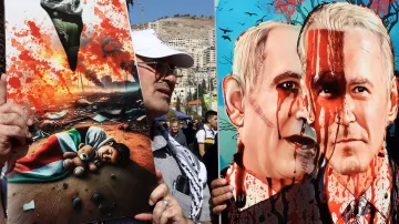 The image features two striking pieces of protest art held by a person. On the left, there is a depiction of a devastated scene showing a child's lifeless body and a teddy bear amidst destruction, conveying a powerful message about the impact of conflict on innocent lives. On the right, another artwork portrays two figures resembling political leaders, with exaggerated features and blood splatters, suggesting themes of violence and political aggression. The overall mood of the image is one of protest and strong emotional expression regarding war and its consequences.