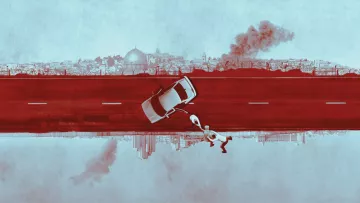 L'image présente une scène frappante où une voiture est représentée sur une route, tandis qu'une ville, en arrière-plan, est stylisée dans des tons de rouge et de bleu. Un personnage semble courir, tenant la main d'un autre, ajoutant une dynamique de mouvement. La ville est identifiable par ses silhouettes de bâtiments et une coupole, tandis qu'une colonne de fumée s'élève au loin, suggérant une tension ou une urgence. L'ensemble crée une atmosphère à la fois mystérieuse et dramatique.