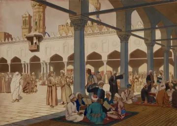 L'image représente une scène animée dans une cour, probablement d'une mosquée ou d'un lieu de culte. On peut voir des groupes de personnes assises sur des tapis, lisant des livres ou discutant, tandis que d'autres se déplacent dans l'espace. L'architecture environnante est ornée, avec des arches, des colonnes et des motifs décoratifs. Des vêtements traditionnels sont portés par les personnages, reflétant une allure culturelle riche. L'ensemble dégage une atmosphère de sérénité et de communauté.