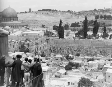 L'image montre une vue panoramique d'un paysage urbain historique. Au premier plan, un groupe de personnes se tient sur un balcon ou une terrasse, observant la scène devant eux. On aperçoit des ruines et des bâtiments anciens, tandis qu'en arrière-plan, on distingue des collines et des arbres. La célèbre mosquée du Dôme du Rocher est visible, ajoutant une dimension significative à cette scène. Le ciel est partiellement nuageux, et l'image évoque une atmosphère de calme et de contemplation.