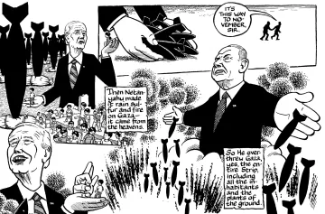 L'image semble comporter une caricature politique. D'un côté, on voit une figure qui ressemble à un homme politique, probablement en train de parler avec un geste théâtral. De l'autre, une autre figure masculine, semblant être un leader israélien, montre une scène dramatique. Il y a des éléments symboliques, comme des missiles ou des bombes, et des références explicites à des événements récents, notamment liés à Gaza. Des éléments visuels renforcent le message critique sur des actions militaires et politiques, ainsi que leur impact sur les populations. Le style est graphique et pourrait susciter une réflexion sur la situation géopolitique.