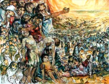 Cette image représente une scène riche en émotions et en complexité. On y voit un groupe de personnes, dont certaines semblent exprimer de la douleur ou de la souffrance, tandis que d'autres sont en position de soutien. Au centre, une figure héroïque semble s'élever, portant une croix, symbole de sacrifice. En arrière-plan, une foule nombreuse se dirige vers un horizon incertain, suggérant un mouvement ou une quête. Les couleurs vives et les coups de pinceau dynamiques ajoutent à l'intensité de l'œuvre, transmettant un fort sentiment de solidarité et de lutte.