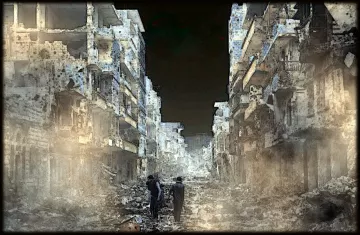 L'image montre une rue dévastée, entourée de bâtiments en ruines. On y voit des débris éparpillés sur le sol, suggérant des destructions majeures. L'atmosphère est sombre et désolée, avec une légère brume qui ajoute à la sensation de tristesse et d'abandon. Deux silhouettes humaines sont présentes, regardant autour d'elles, ce qui souligne l'impact de la destruction sur la vie humaine et le paysage urbain.