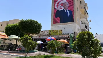در این تصویر، یک دیوار بزرگ ساختمان نشان داده شده است که بر روی آن تصویری از یک فرد با اشاره به سمت بیننده مشاهده می‌شود. این شخص لباس رسمی به تن دارد و در پس‌زمینه تصویر، پرچم تونس دیده می‌شود. در پایین تصویر، یک کارگاه یا فروشگاه کوچک قرار دارد که چند نفر در زیر چادرهای رنگی نشسته‌اند. درختان سبز و دوچرخه‌ها نیز در تصویر وجود دارند. آسمان آبی و صاف به نظر می‌رسد.