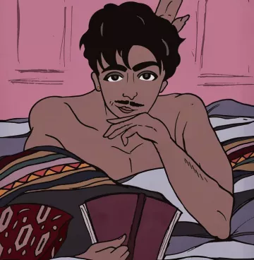 L'image montre un jeune homme allongé dans un lit, avec un regard pensif. Il a les cheveux noirs et bouclés, et il porte une unique boucle d'oreille. Il est torse nu et tient un livre en main. Le décor est coloré, avec des motifs sur les draps et une teinte rose en arrière-plan, ce qui crée une atmosphère douce et intime.