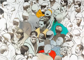L'image présente une représentation artistique d'une foule. La plupart des personnages sont peints de manière en noir et blanc, ce qui leur donne un aspect neutre et uniformisé. Cependant, quelques individus se distinguent par des couleurs vives : un en orange, un autre en vert et un en rouge. Ces couleurs attirent l'attention et créent un contraste frappant avec le reste des figures. Cette composition semble évoquer la diversité et l'individualité au sein d'un groupe anonyme, soulignant les thèmes de l'identité et de l'appartenance.