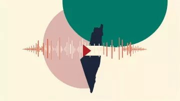 L'immagine presenta una composizione grafica che combina elementi astratti e simbolici. Al centro si trova una silhouette che rappresenta una mappa di un territorio, affiancata da forme geometriche colorate, come un cerchio verde e uno rosa. Sotto la mappa, si estende un'onda sonora stilizzata, formata da linee di varia lunghezza e colore, creando un contrasto visivo interessante. Il design è moderno e minimalista, evocando temi di comunicazione e identità.