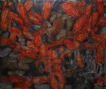 L'image représente une œuvre d'art abstraite aux couleurs vives, principalement des rouges et des tons sombres. La composition semble chaotique, avec des formes fluides et organiques qui se chevauchent. On distingue des contours de figures qui évoquent des mouvements dynamiques, créant une impression de profondeur et d'énergie. Les textures paraissent riches, ajoutant une dimension tactile à l'ensemble. L'œuvre suscite une interprétation personnelle, laissant place à l'imagination du spectateur.