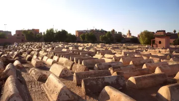 تظهر الصورة منظرًا لمقبرة كبيرة، حيث تتوزع القبور بشكل منظم على الأرض. تبدو القبور مصنوعة من الحجر أو الطين، وبعضها يظهر عليه آثار الزمن. في الخلفية، هناك مباني ومدن صغيرة تظهر تحت ضوء الشمس، مما يعطي إحساسًا بالهدوء والسكينة. السماء تبدو صافية، مما يضيف إلى جمالية المشهد.