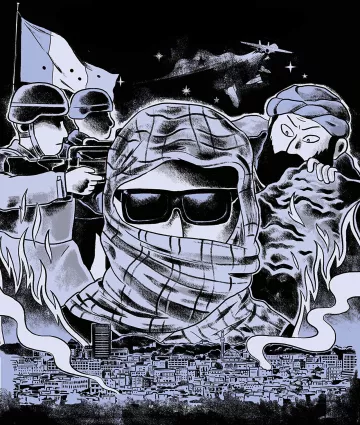 L'image présente une scène dramatique et évocatrice. Au premier plan, on voit une personne masquée portant des lunettes de soleil, entourée d'une ambiance tendue. À l'arrière-plan, deux figures en uniforme sont visibles, probablement des soldats, tandis qu'une autre silhouette semble être un combattant, ajoutant à l'atmosphère de conflit. Le paysage urbain en bas est en ruines, avec des volutes de fumée, suggérant un environnement de guerre ou de chaos. Les couleurs sombres et les contrastes accentuent la gravité de la situation.