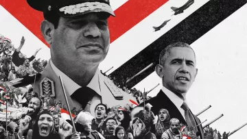تظهر الصورة مشهداً يتضمن شخصيات بارزة، أحدهما يرتدي زيّاً عسكرياً، بينما الآخر يبدو في بدلة رسمية. في الخلفية، تظهر مجموعة من الناس في تظاهرة، يحملون لافتات ويعبّرون عن مشاعرهم. كما تبرز عناصر تصميمية بألوان تتضمن الأحمر والأسود والأبيض، مما يعطي انطباعاً درامياً للصورة. هناك أيضاً طائرات حربية تظهر في الجزء العلوي، مما يضيف بعداً عسكرياً إلى المشهد.